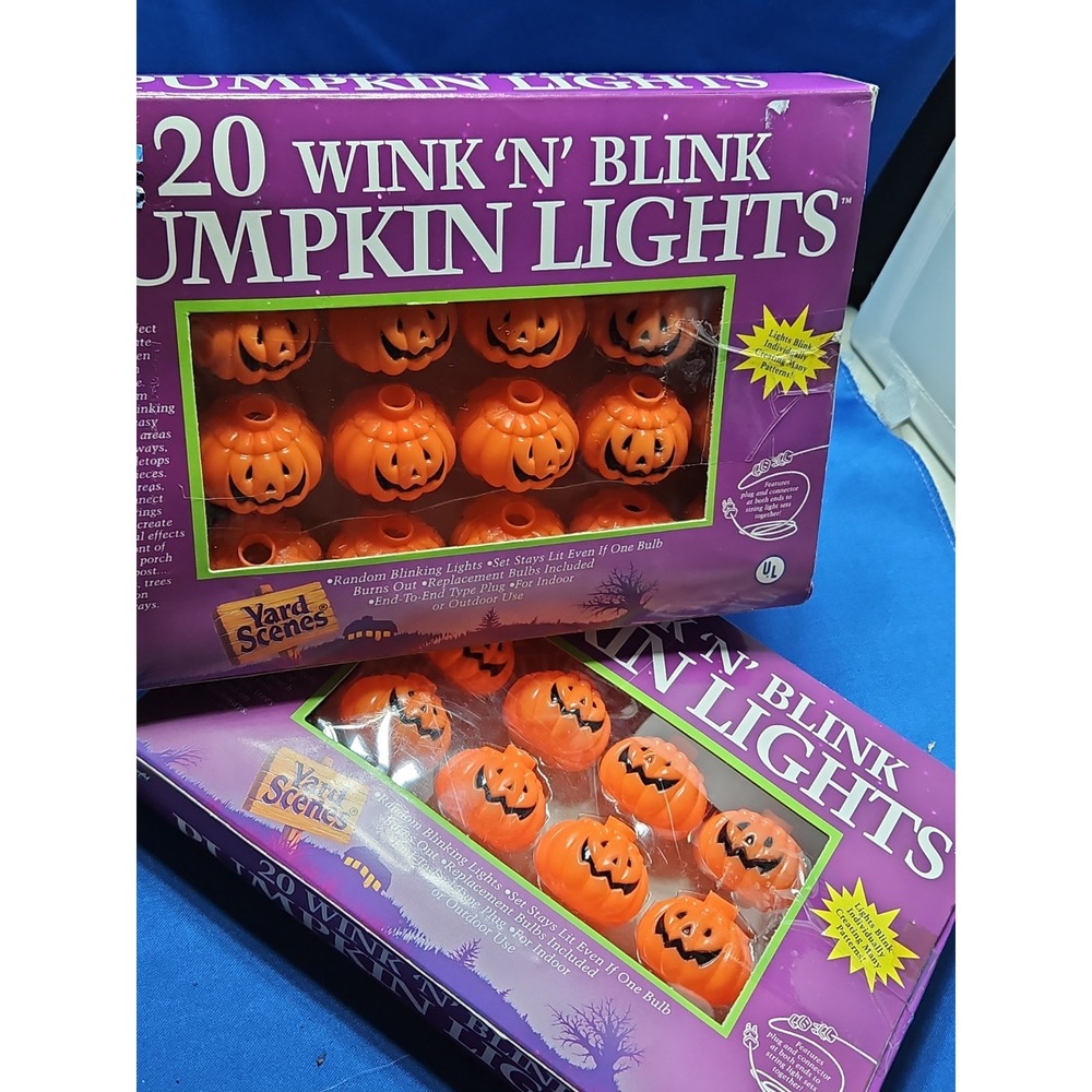 2 Vintage Blow Mold Pumpkin String Lights Jack-O'-Lantern Easter Unlimited NEW